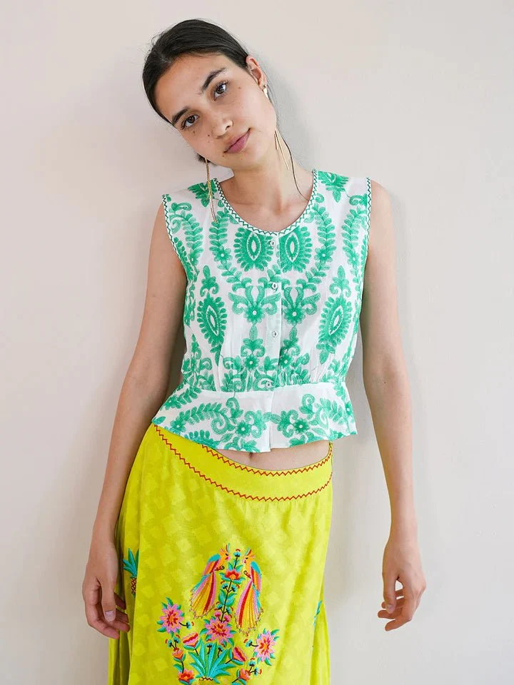 Angelica Blouse in White/ Green Ornament Embroidery - Image 3