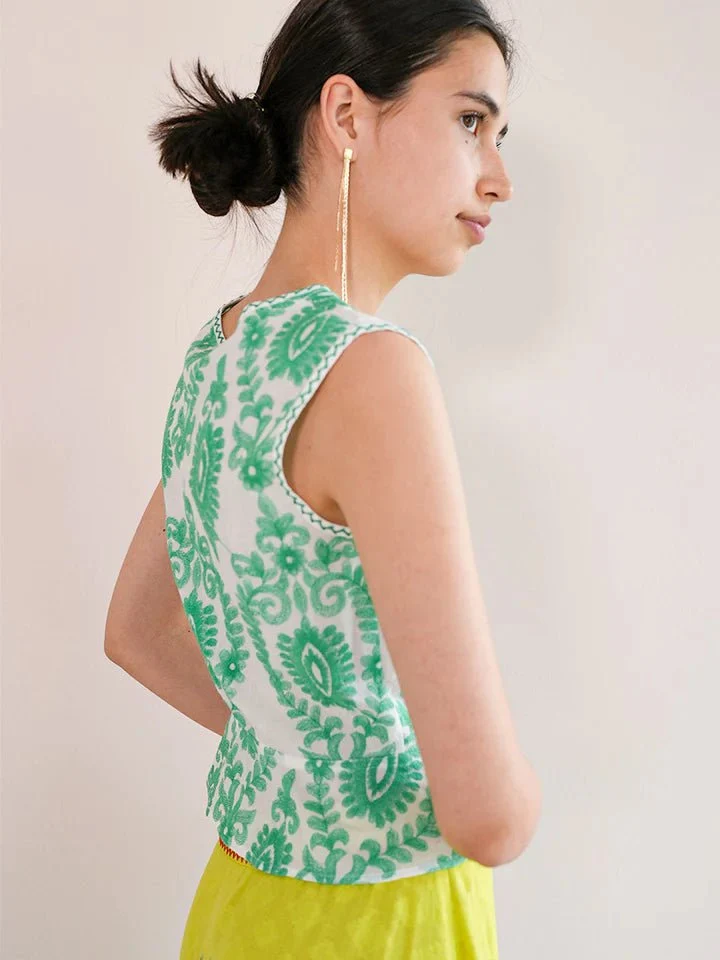 Angelica Blouse in White/ Green Ornament Embroidery - Image 6