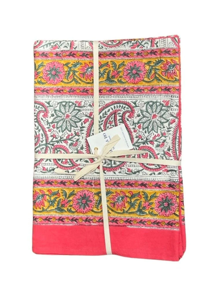 Pink & Yellow Blockprint Tablecloth