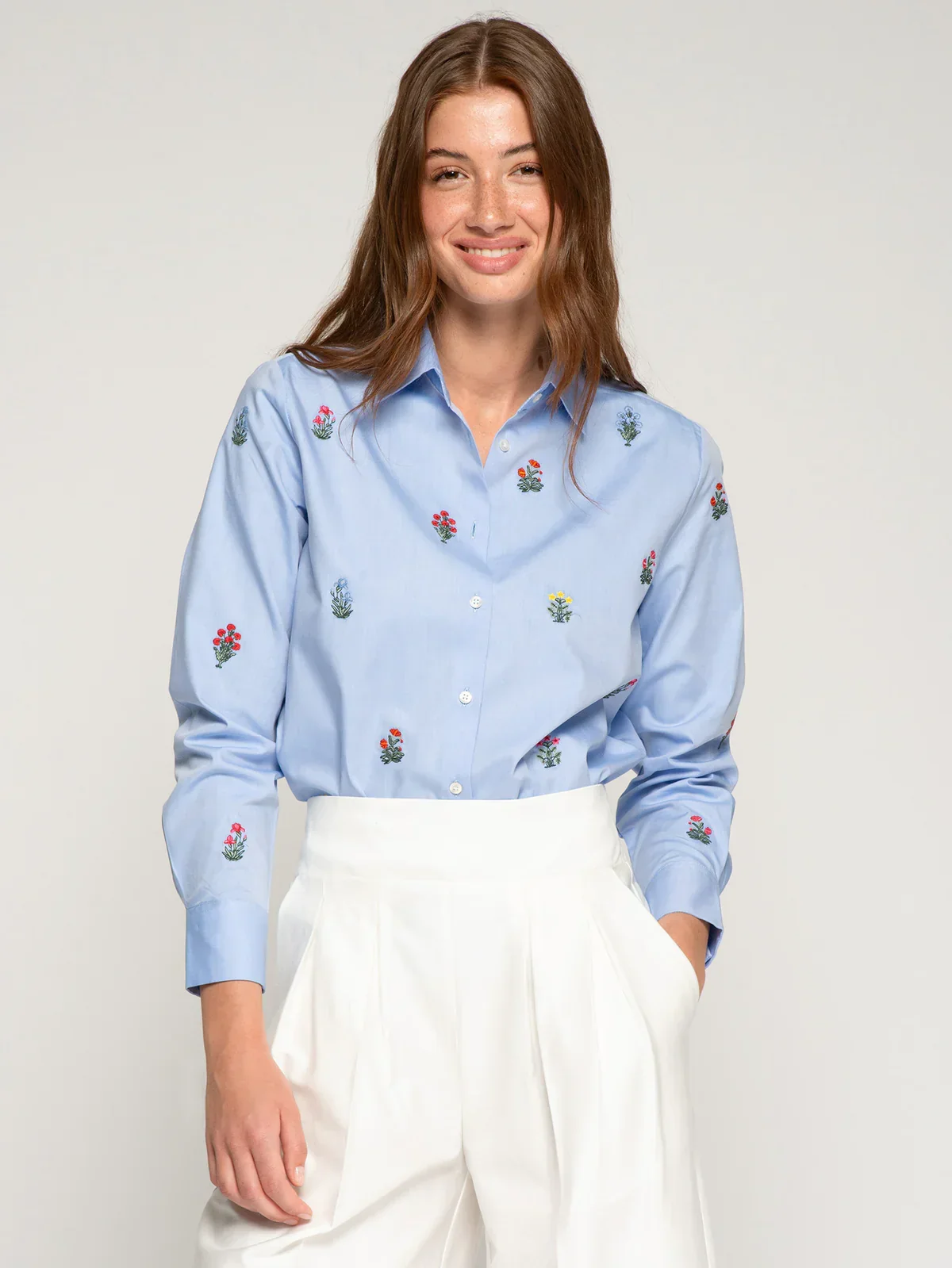 Blue Shirt with Embroidered Flowers