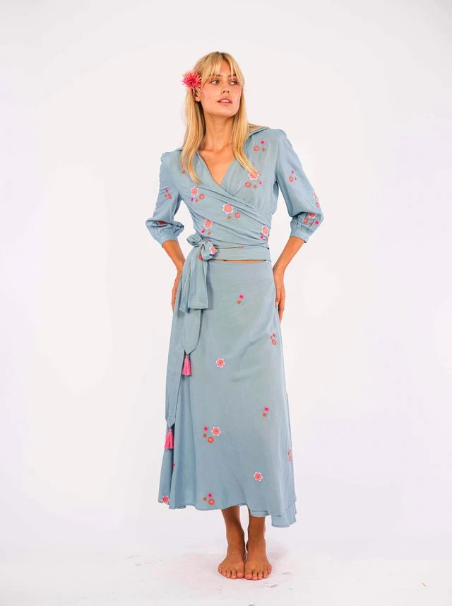 Chervil Skirt in Ocean and Flower Embroidery - Image 3