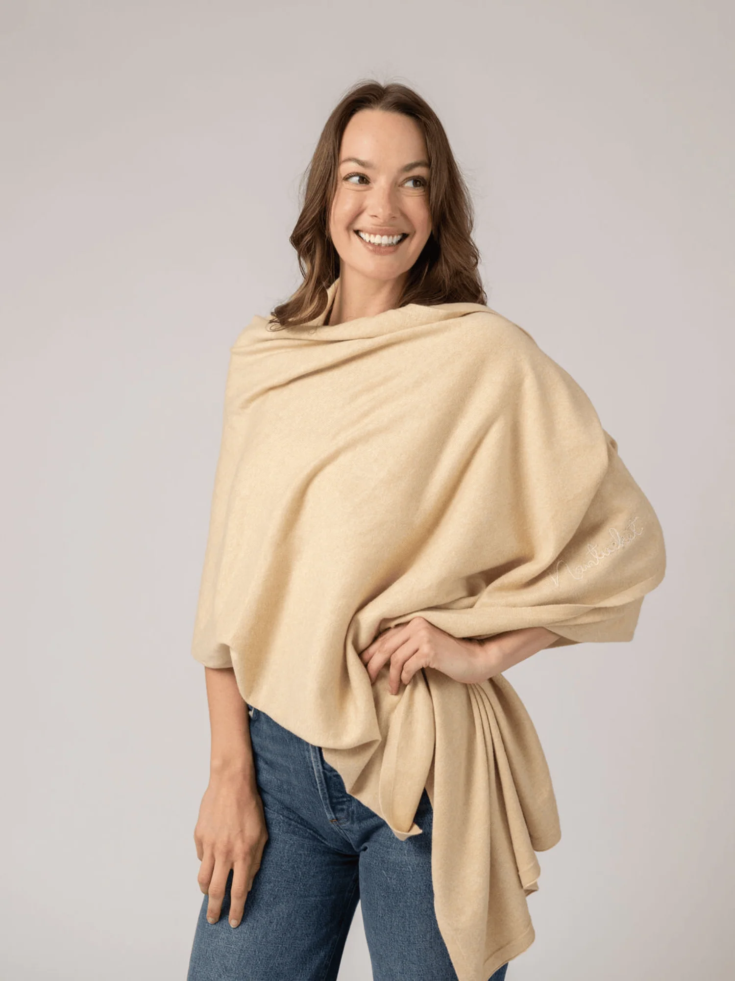 Cotton Cashmere Wrap in Beige - Image 5