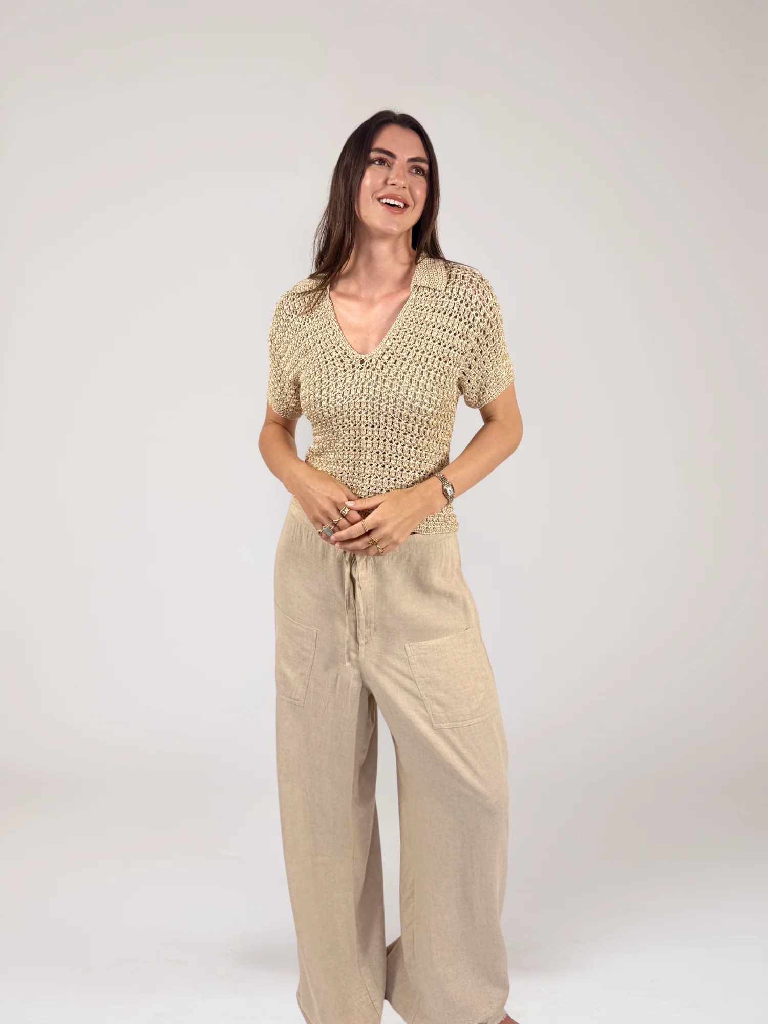 Crochet Polo Shirt in Champagne