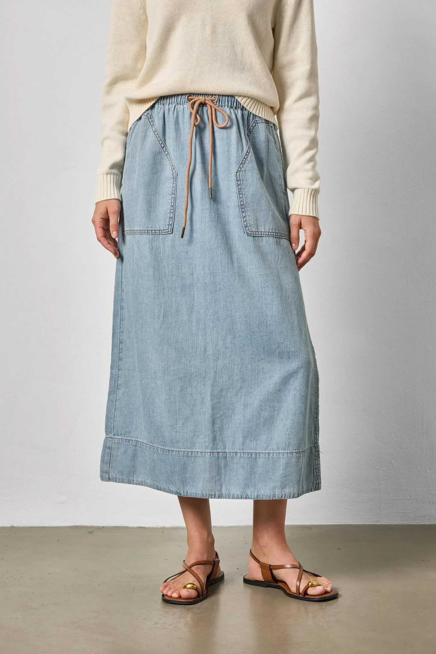Denim Drawcord Skirt in Blue Wash - Image 2