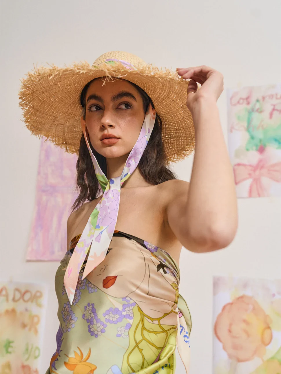 Frida X Lost Pattern Frida's Garden Straw Hat with Ribbon Tie - Image 2