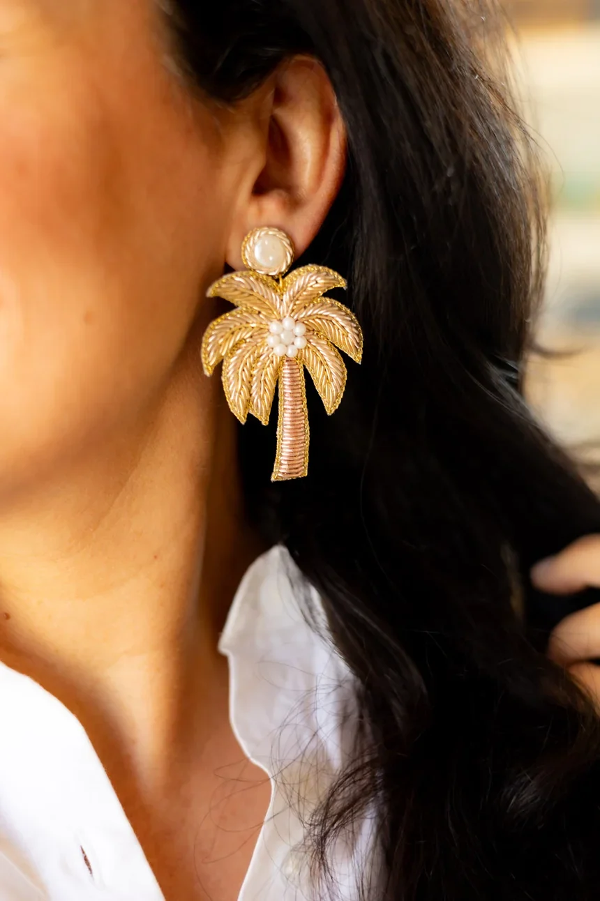 Gold Palm Tree Beaded Earrings - Image 2