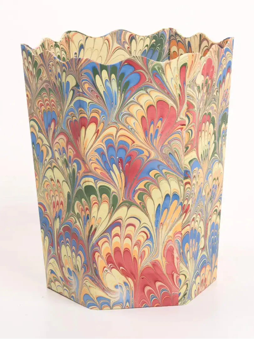 Hand-Marbled Scallop Waste Bin in Multicolor