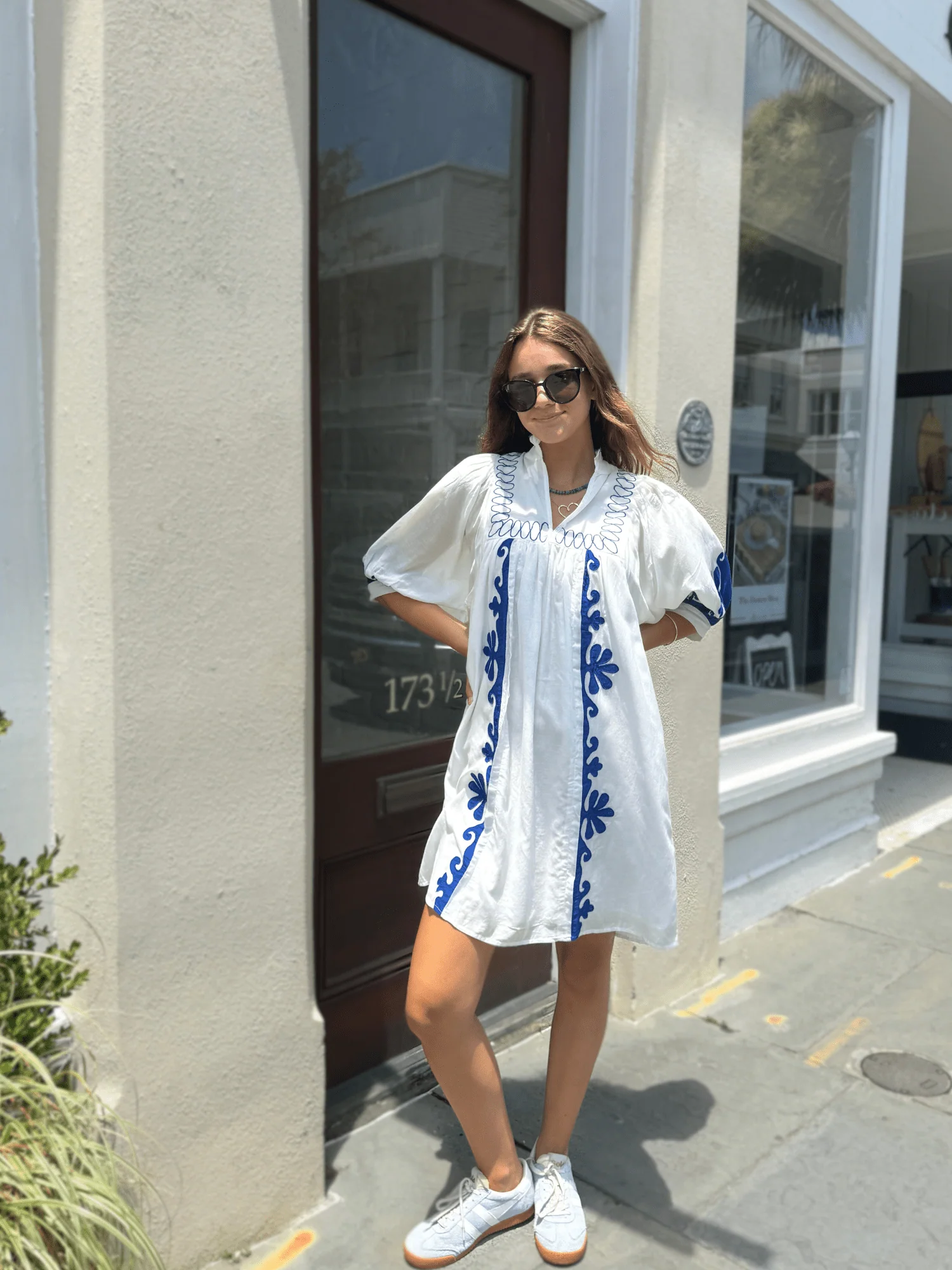High Neck Dress in White & Navy Embroidery