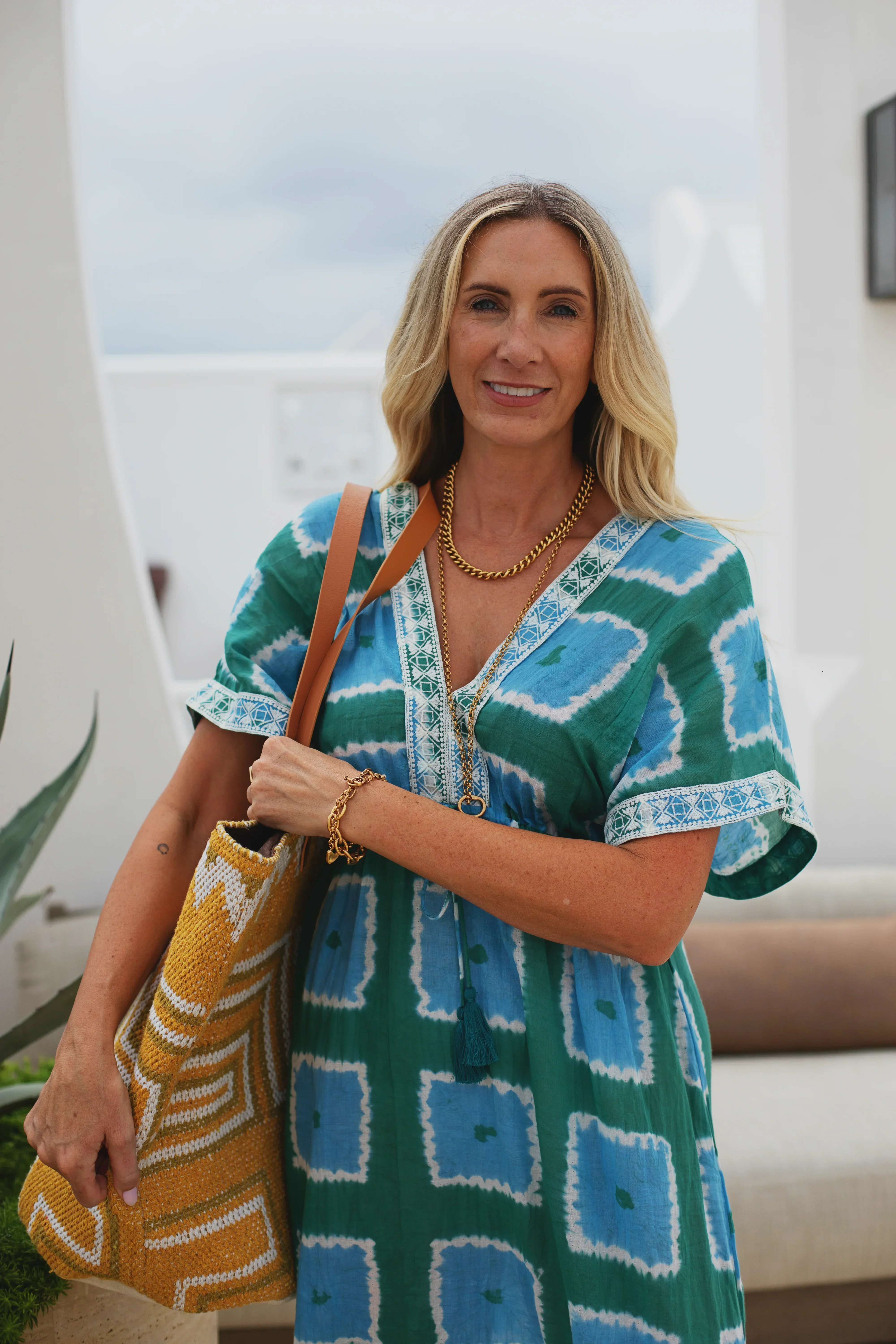 Kate Maxi Caftan with Embroidery in Blue/Green Tie Dye - Image 4