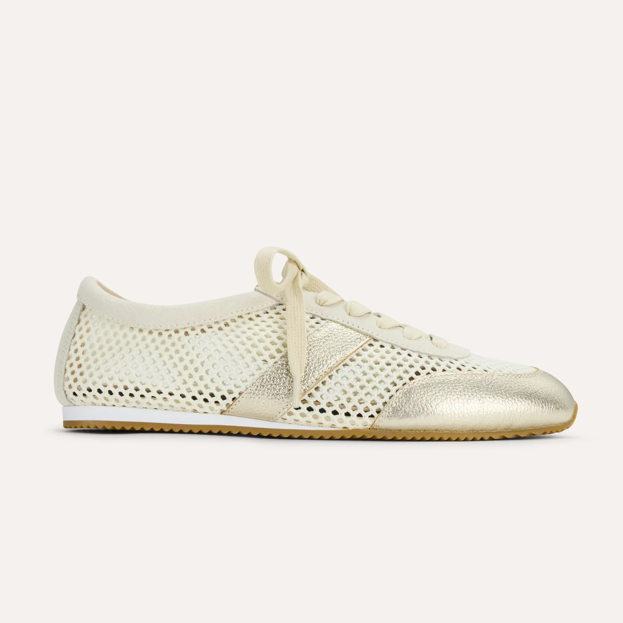 Kiah Casual Sneaker in Cream Mesh and Metallic Gold Leather - Image 4