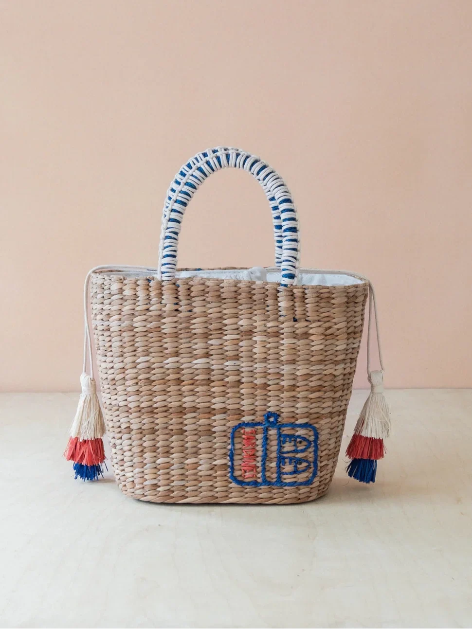 Mini Woven Tote Bag with Embroidered Sardine Can