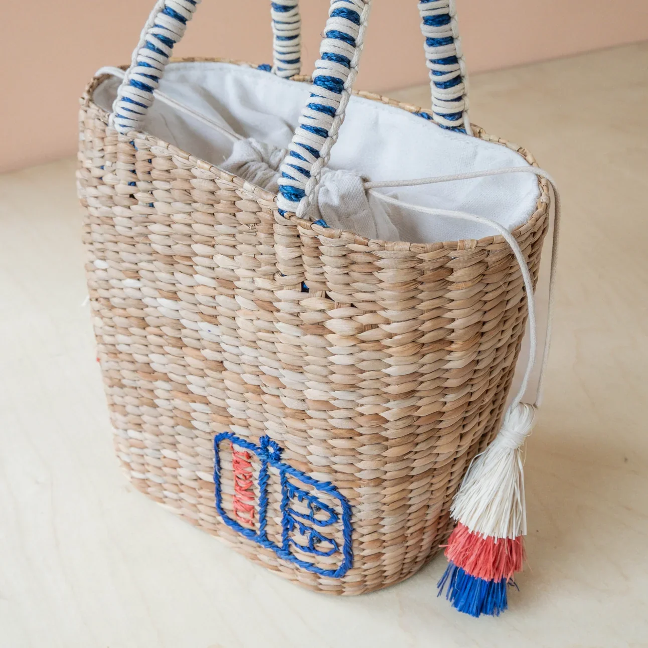 Mini Woven Tote Bag with Embroidered Sardine Can - Image 2