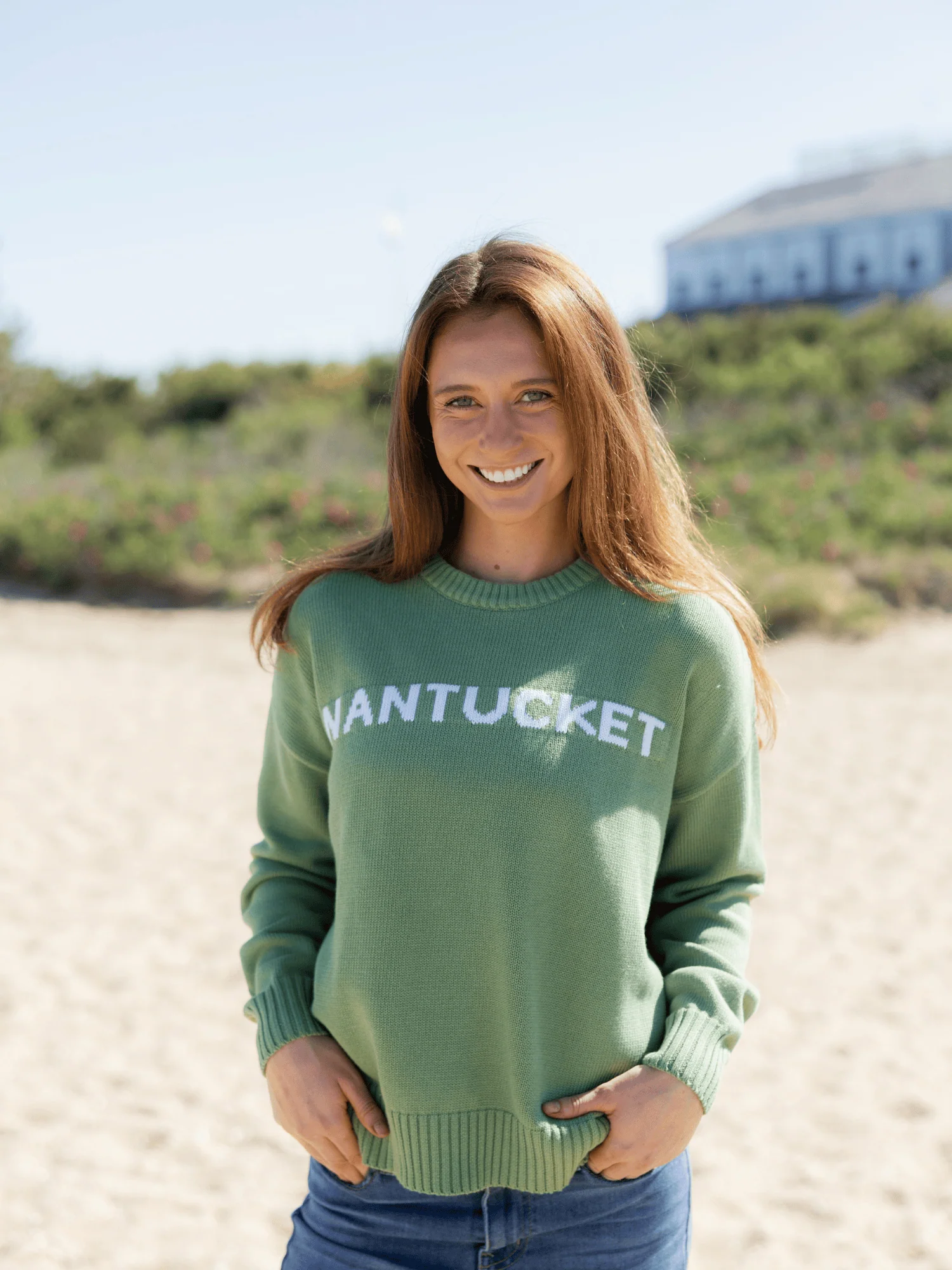 Nantucket Sweater in Sage & White - Image 2