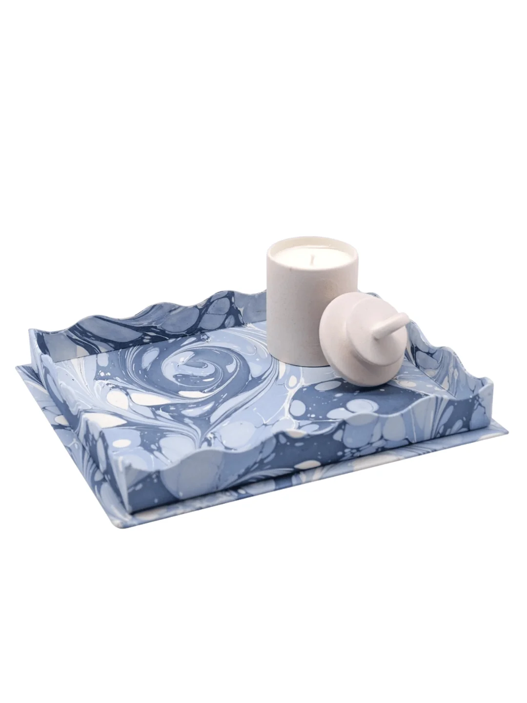 Nesting Scalloped Hand-Marbled Trays in Ocean Wave