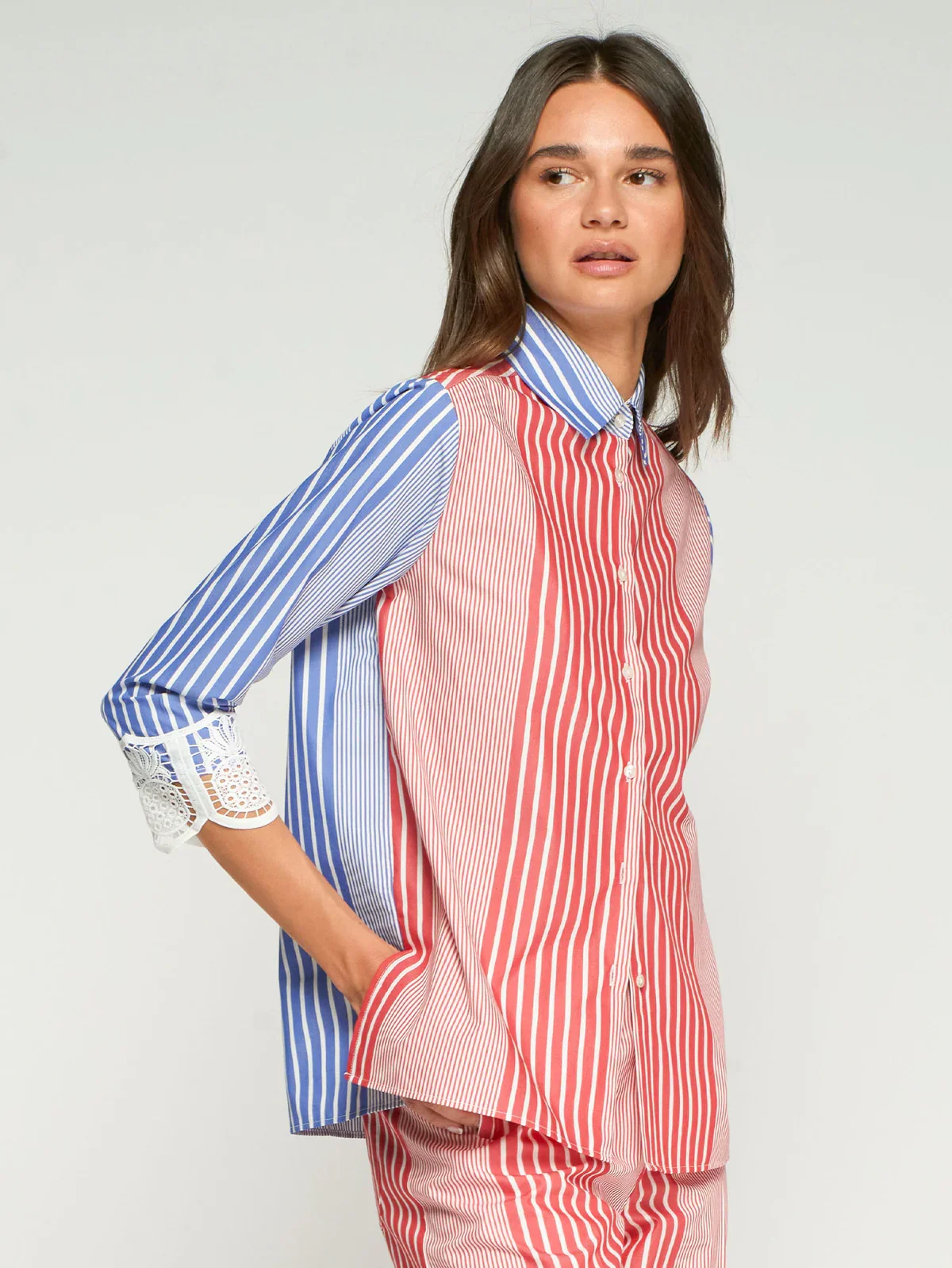 Red & Blue Striped Shirt with Lace Cuffs - Image 2