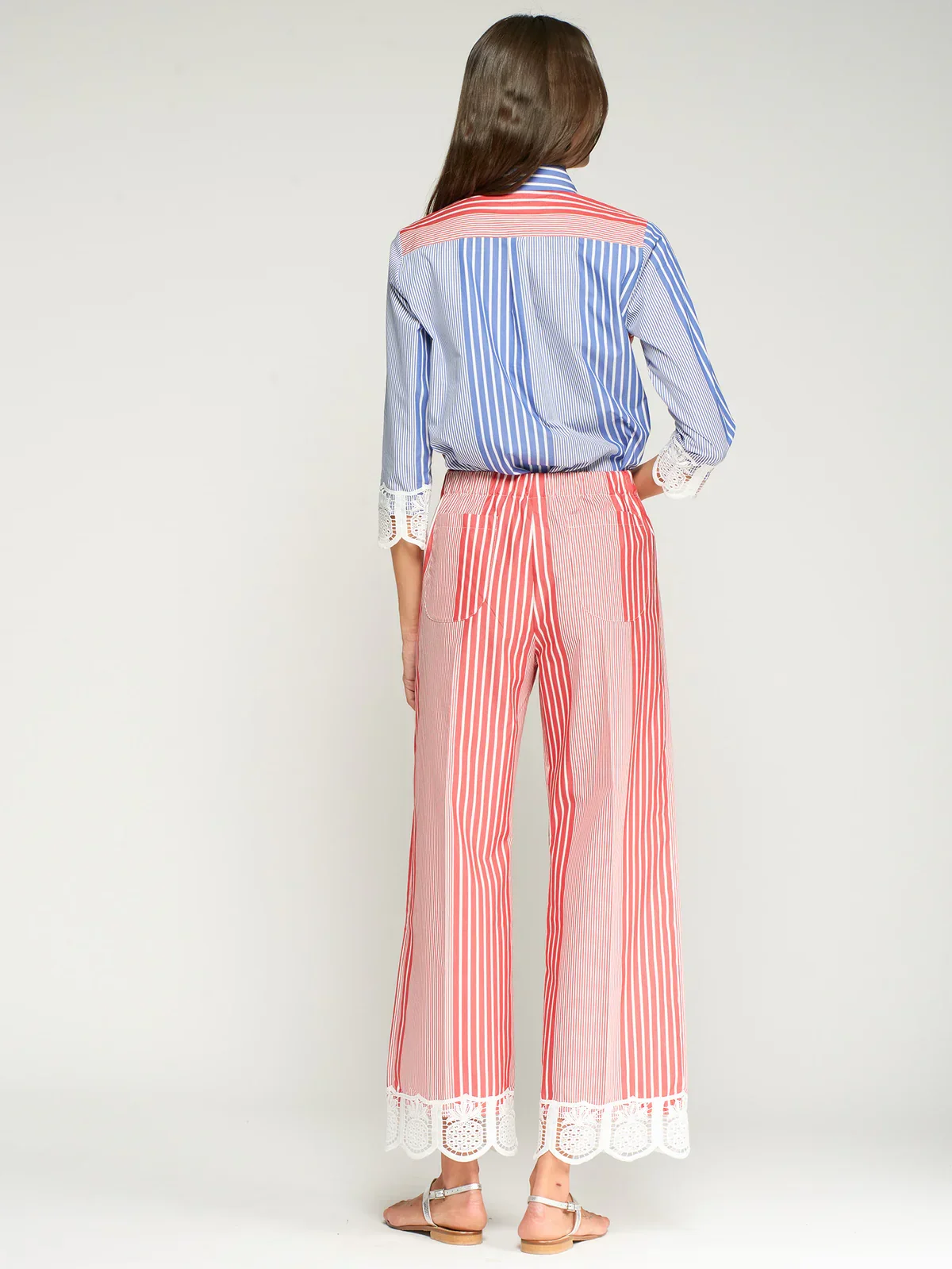 Red Striped Pants with Lace at Hem - Image 2