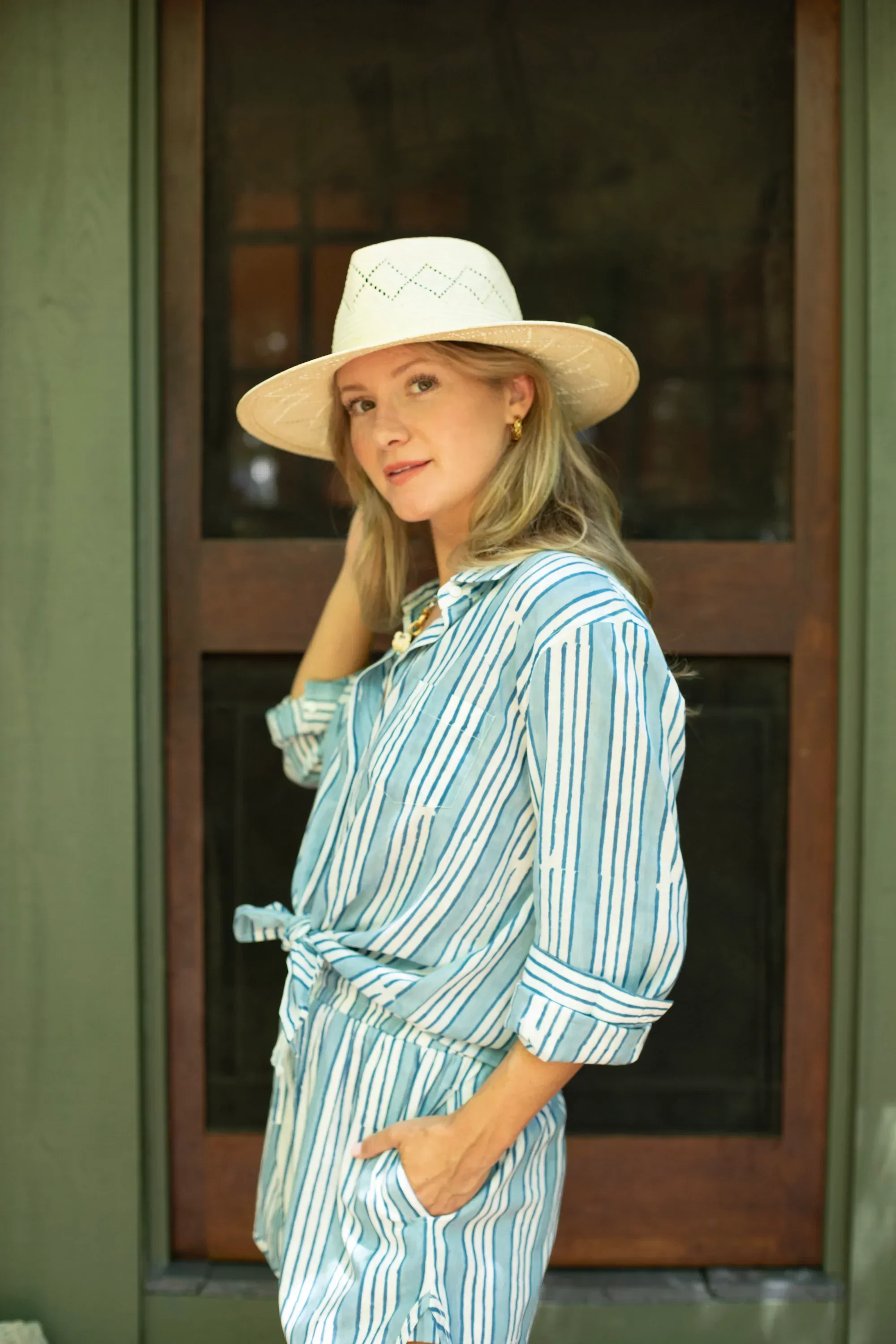 Sage Button Front Shirt in Clear Sky & Daphne Blue Stripe - Image 2