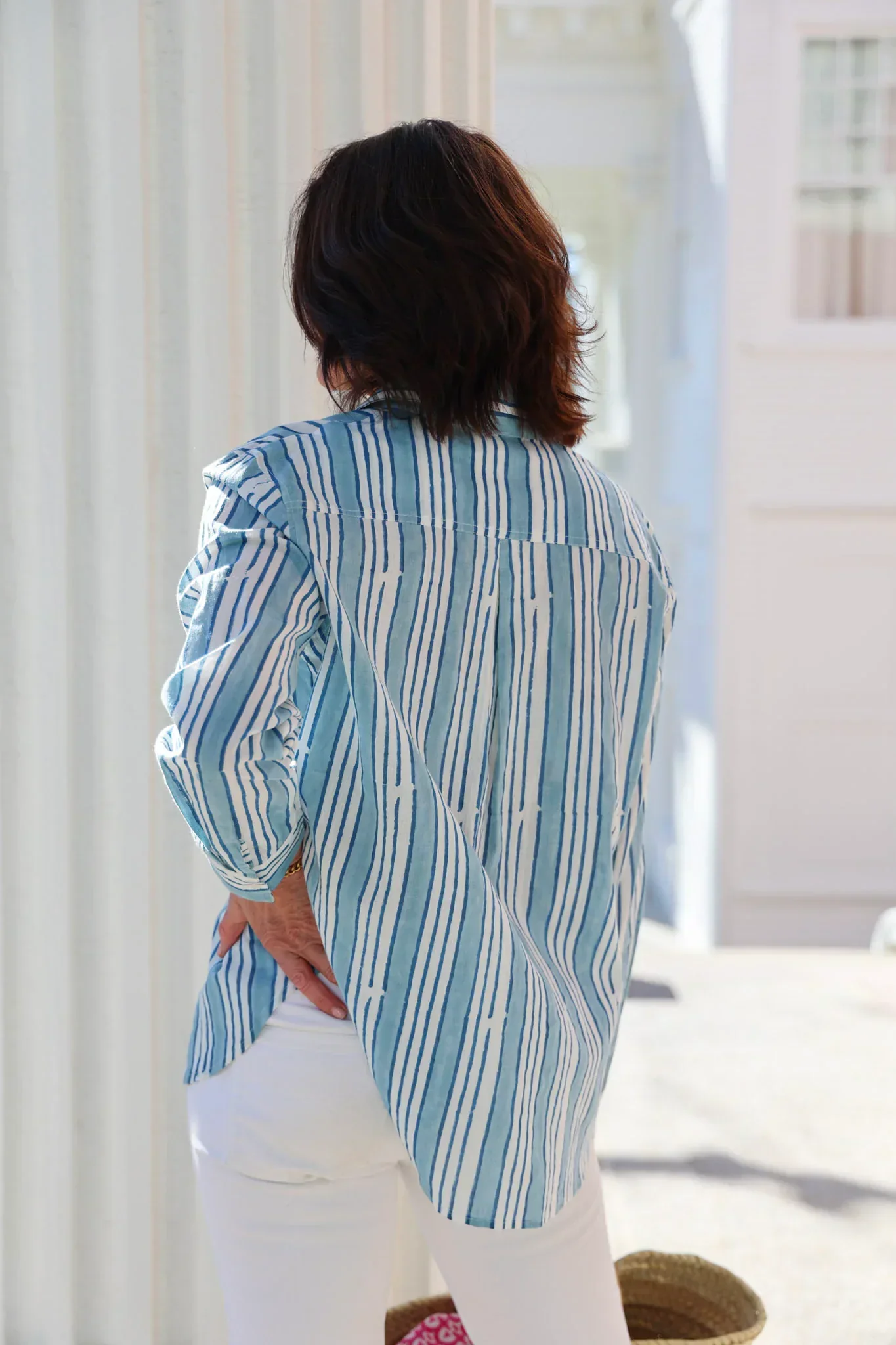 Sage Button Front Shirt in Clear Sky & Daphne Blue Stripe - Image 5