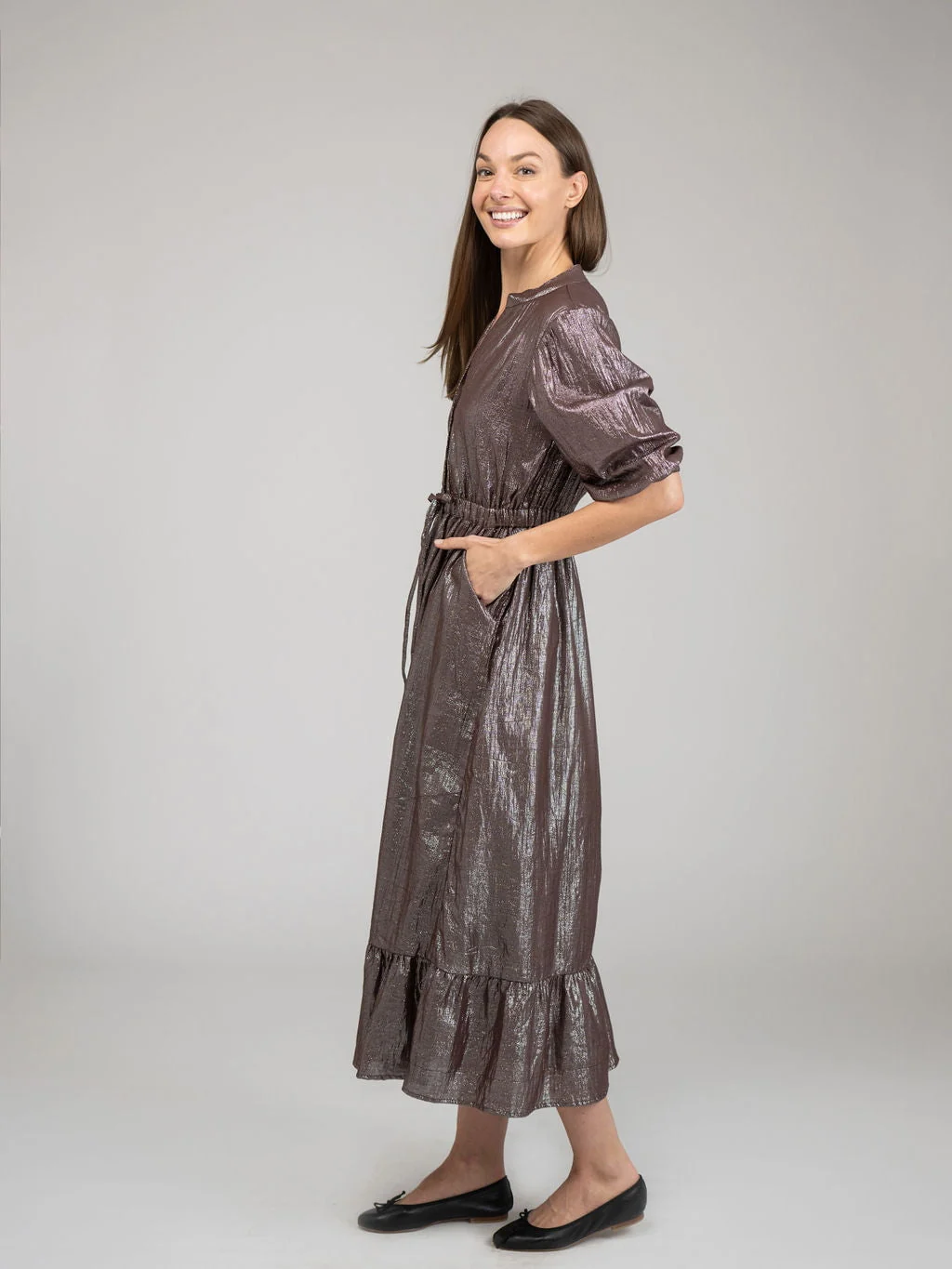 The Lily Midi Dress | Brown Shine - Image 3