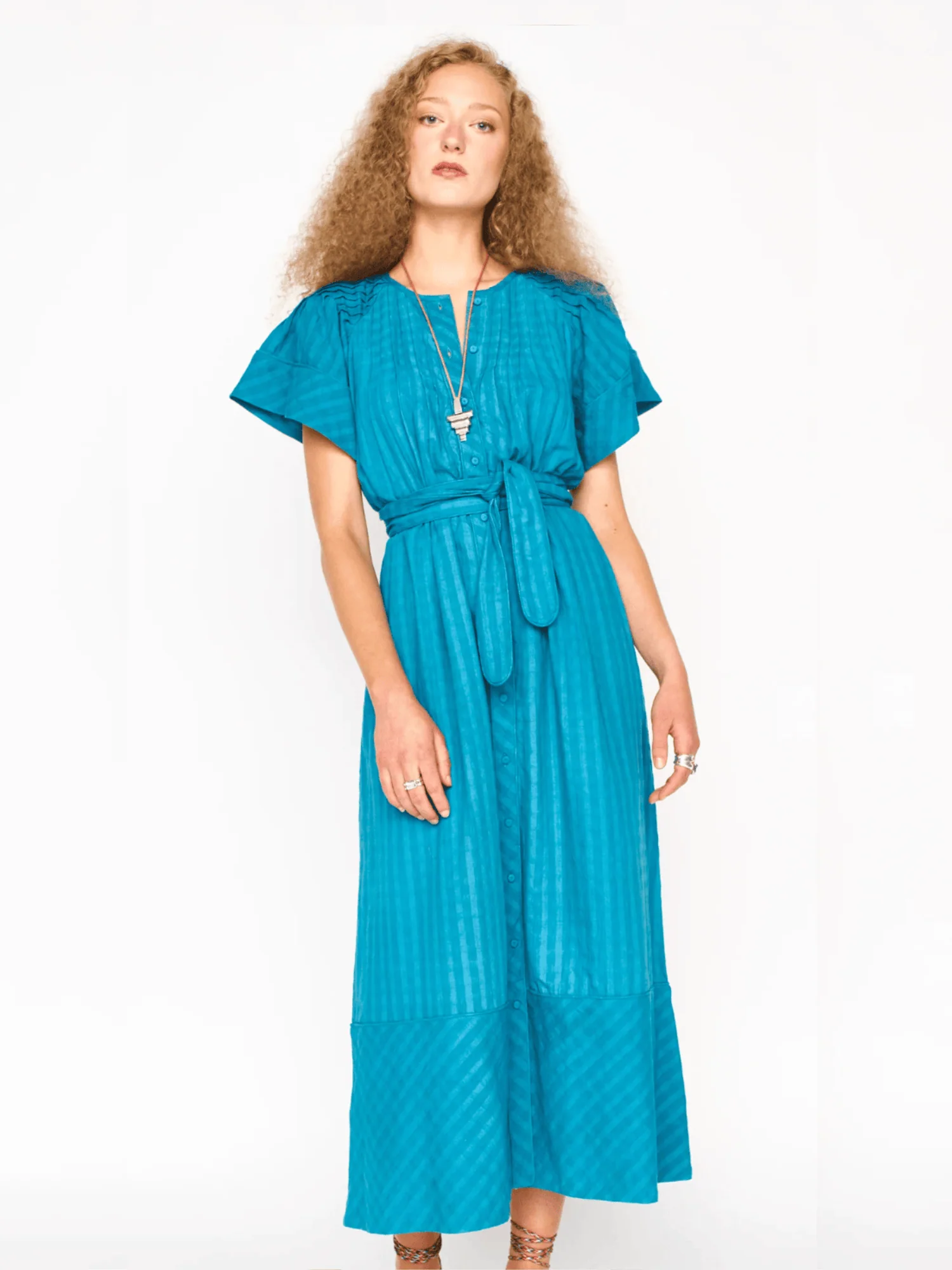 Vienna Pintuck Dress in Azure Dobby